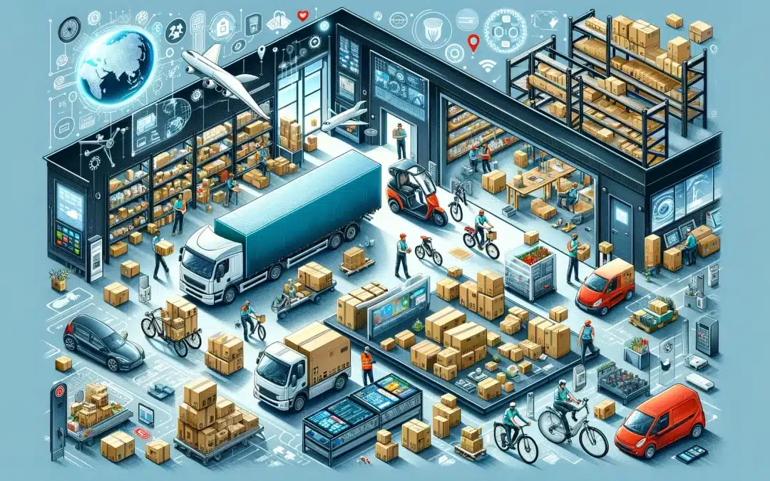 Entrepôt logistique moderne avec des rangées d'étagères pleines de cartons et des employés utilisant des chariots élévateurs.