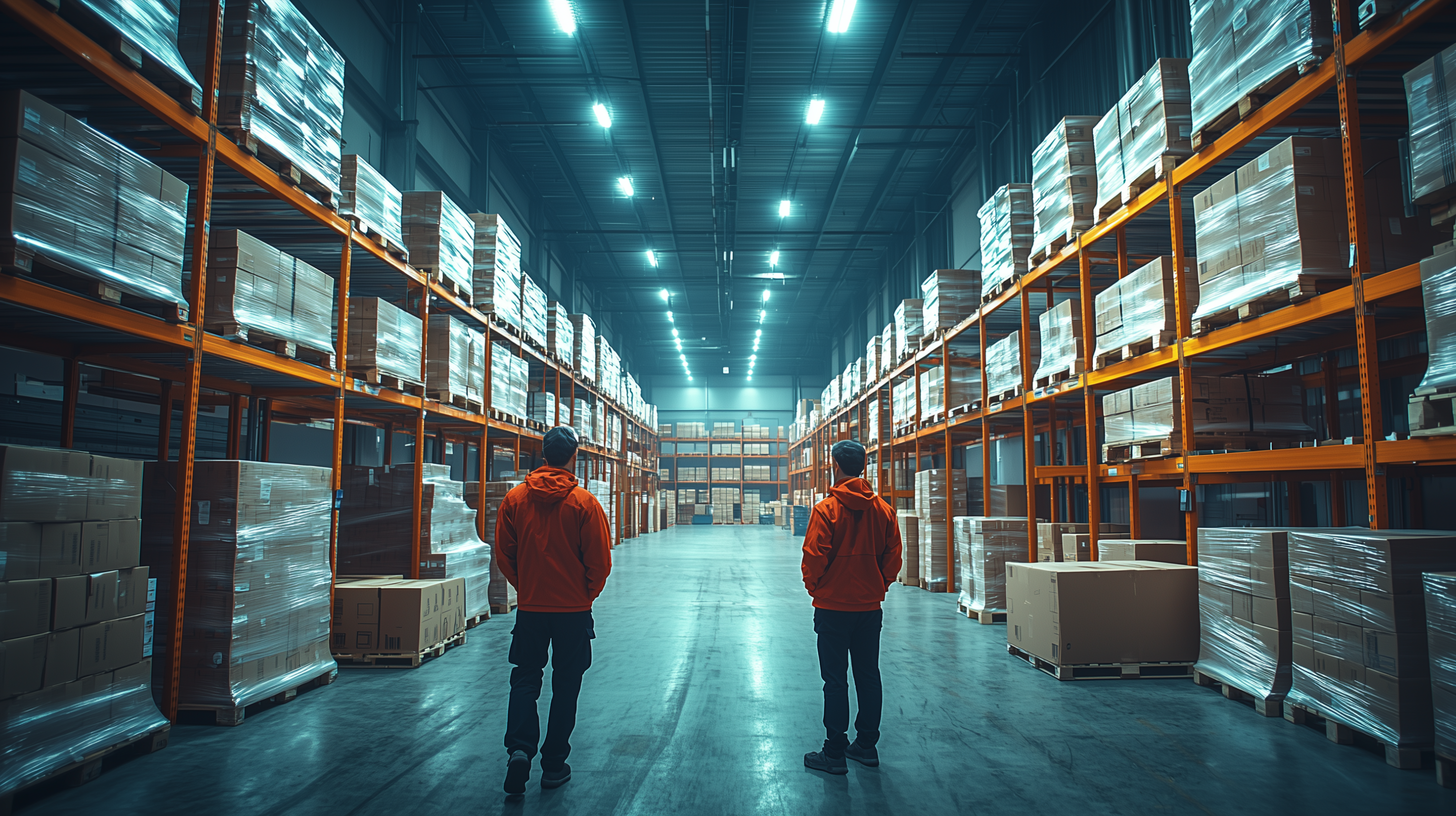 Entrepôt moderne pour la logistique e-commerce avec deux employés, idéal pour remplacer votre logisticien e-commerce avec une alternative fiable et leader dans le secteur.