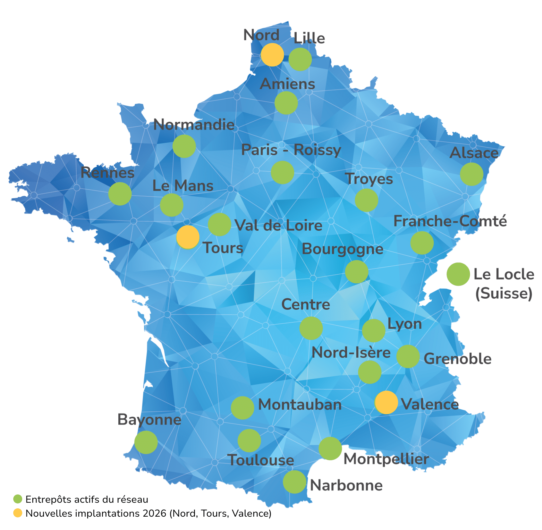 Carte France 30+ entrepôts France et Suisse