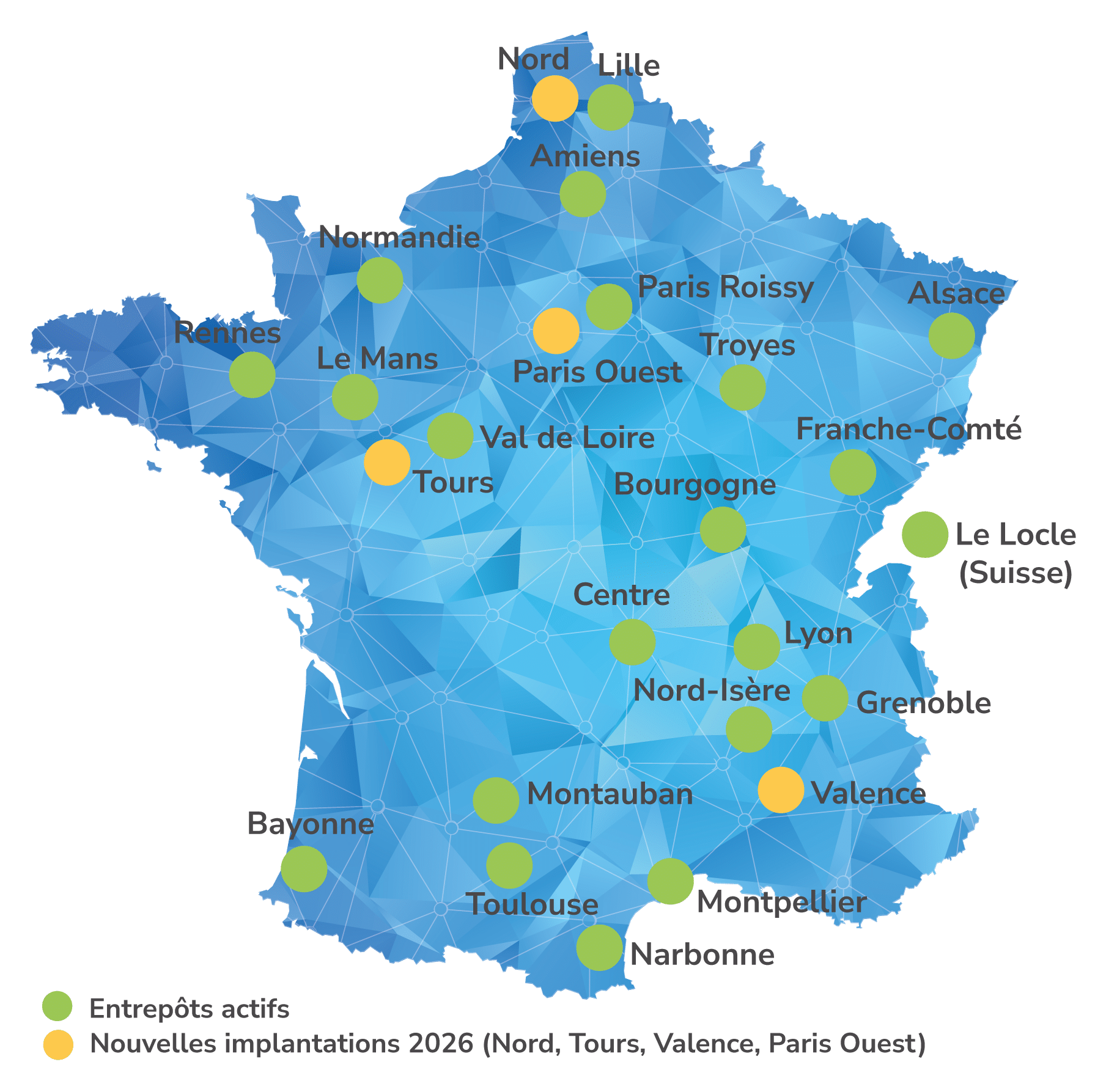 Carte France 30+ entrepôts France et Suisse